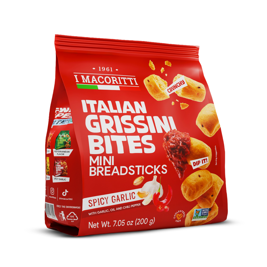 I Macoritti Italian Grissini Bites – Spicy Garlic with Chili & Olive Oil - Pack of 12