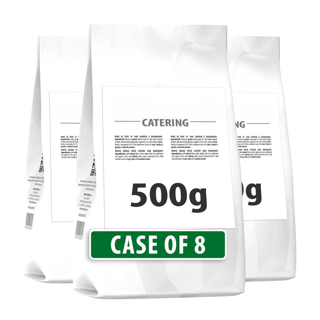 I Macoritti Catering breadsticks with capers and rosemary 500g bulk pack front view with product label case of 8
