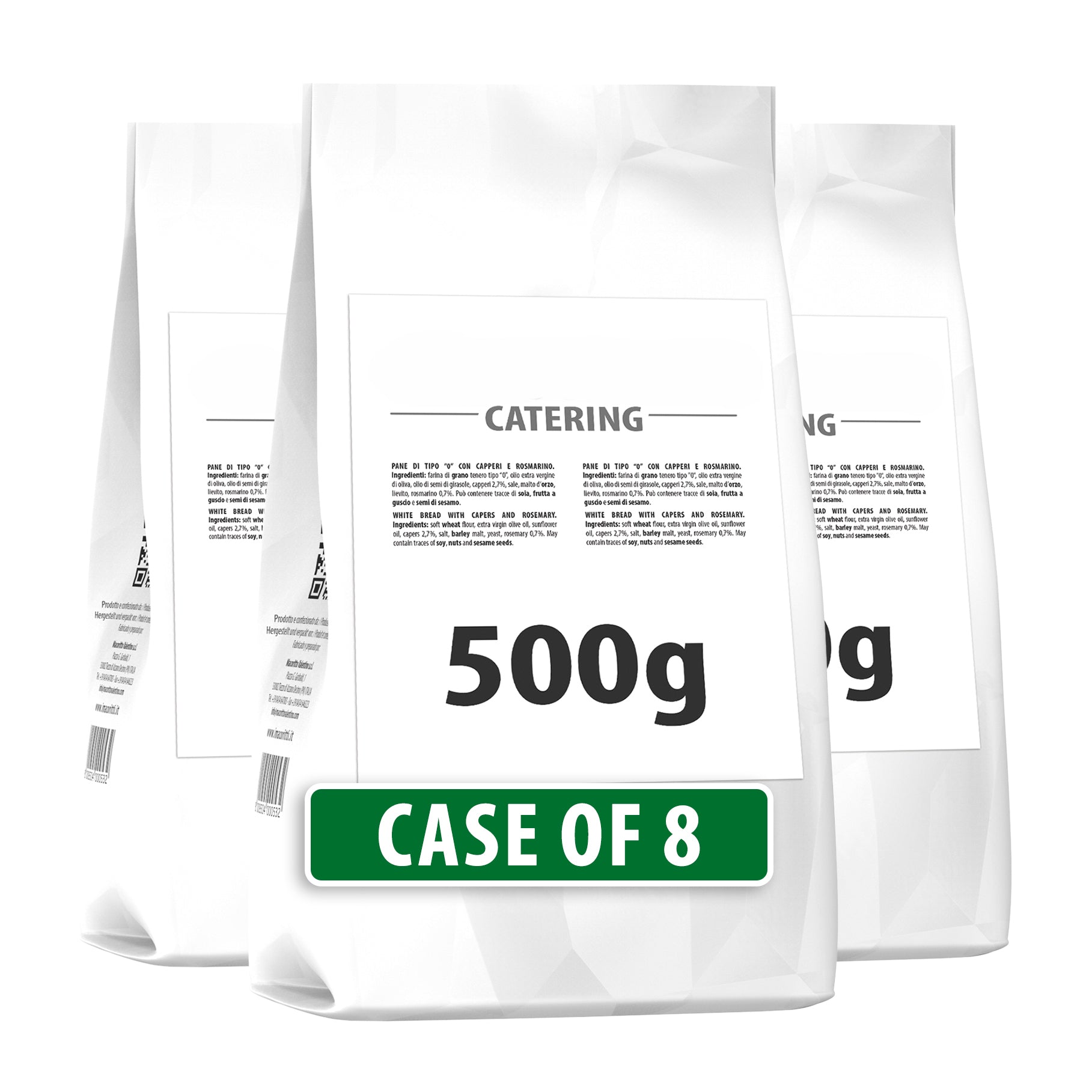 I Macoritti Catering breadsticks with capers and rosemary 500g bulk pack front view with product label case of 8