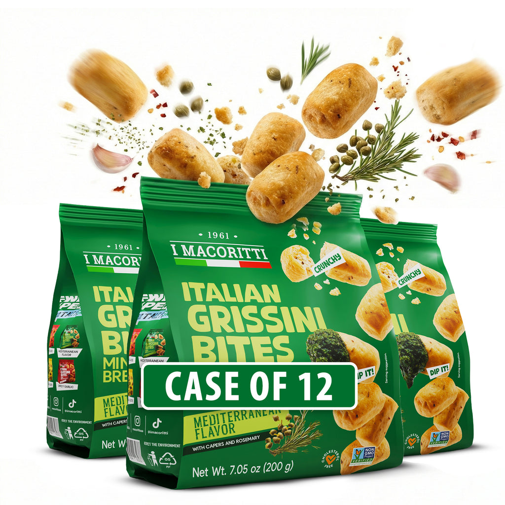 I Macoritti Italian Grissini Bites Mini Breadsticks Mediterranean Flavor front pack 200g with capers and rosemary