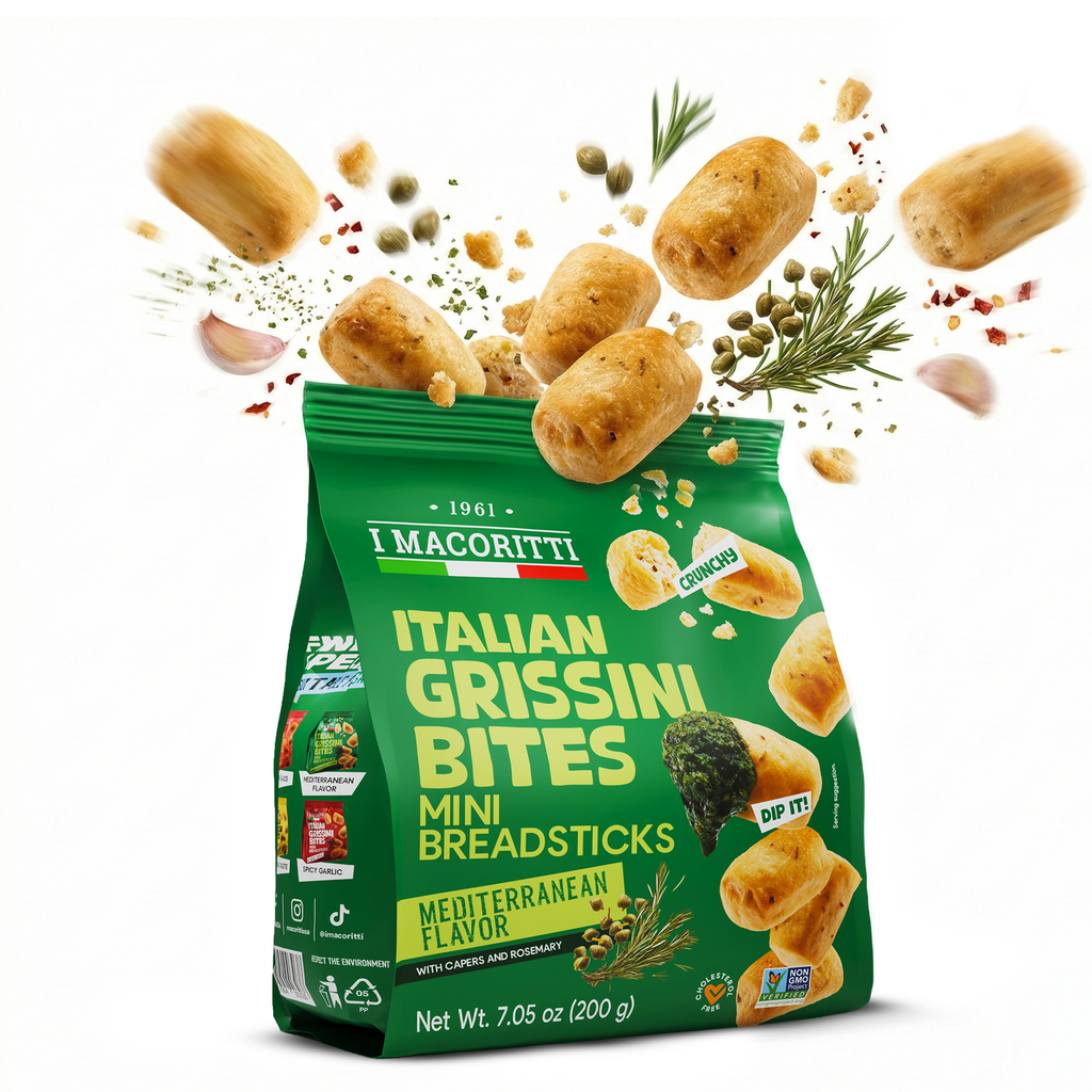 I Macoritti Italian Grissini Bites Mini Breadsticks Mediterranean Flavor front pack 200g with capers and rosemary