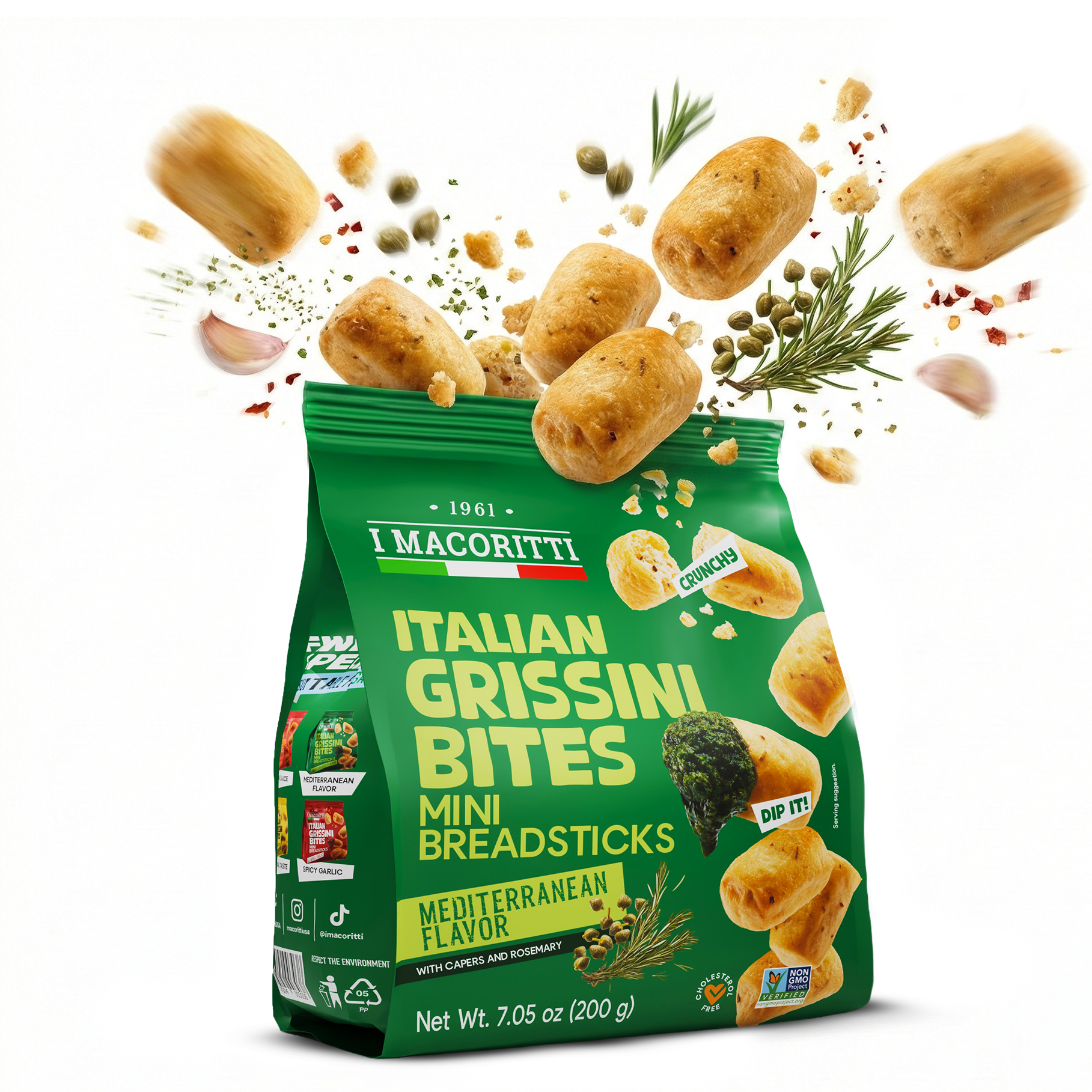 I Macoritti Italian Grissini Bites Mini Breadsticks Mediterranean Flavor front pack 200g with capers and rosemary
