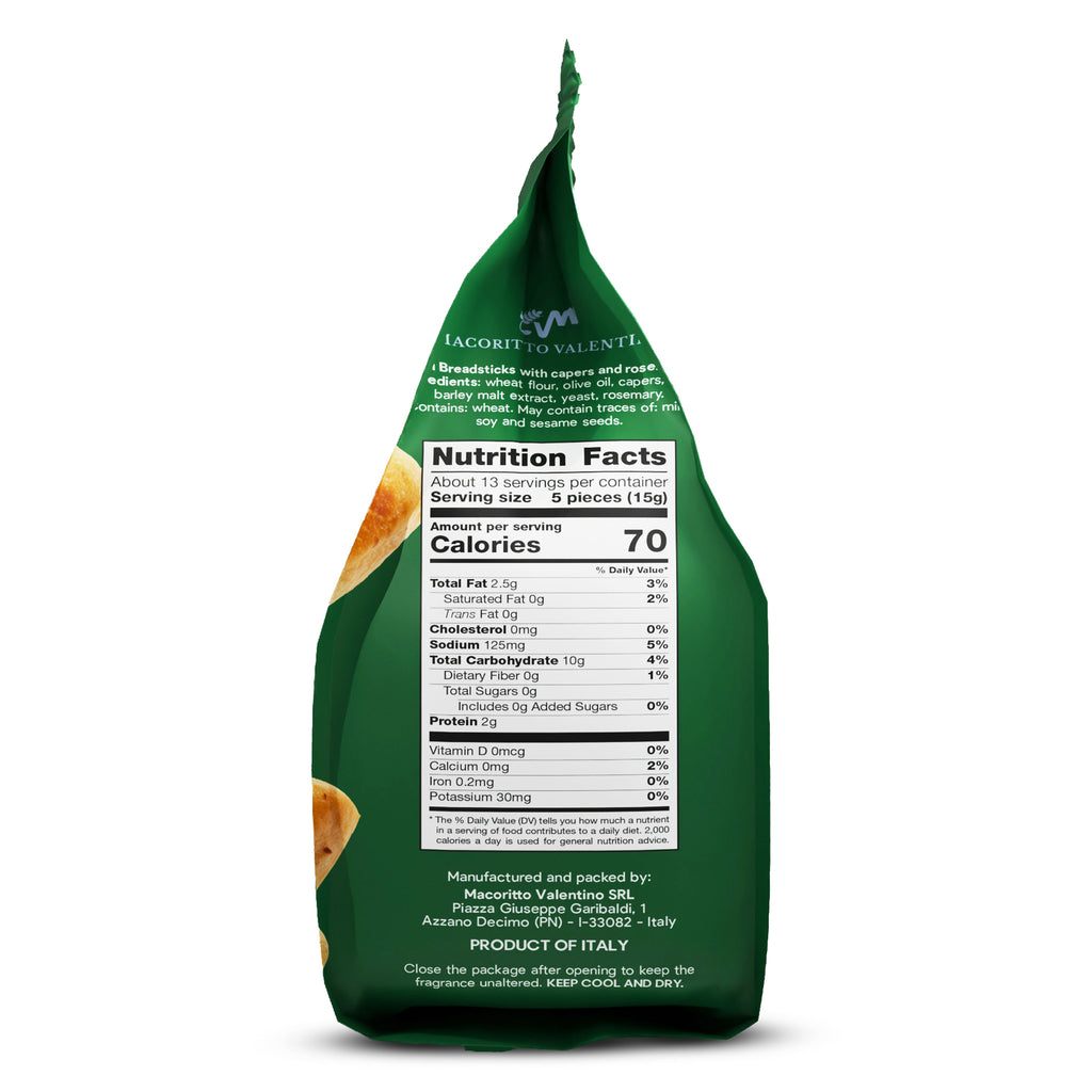 I Macoritti Italian Grissini Bites Mediterranean Flavor nutrition facts side panel