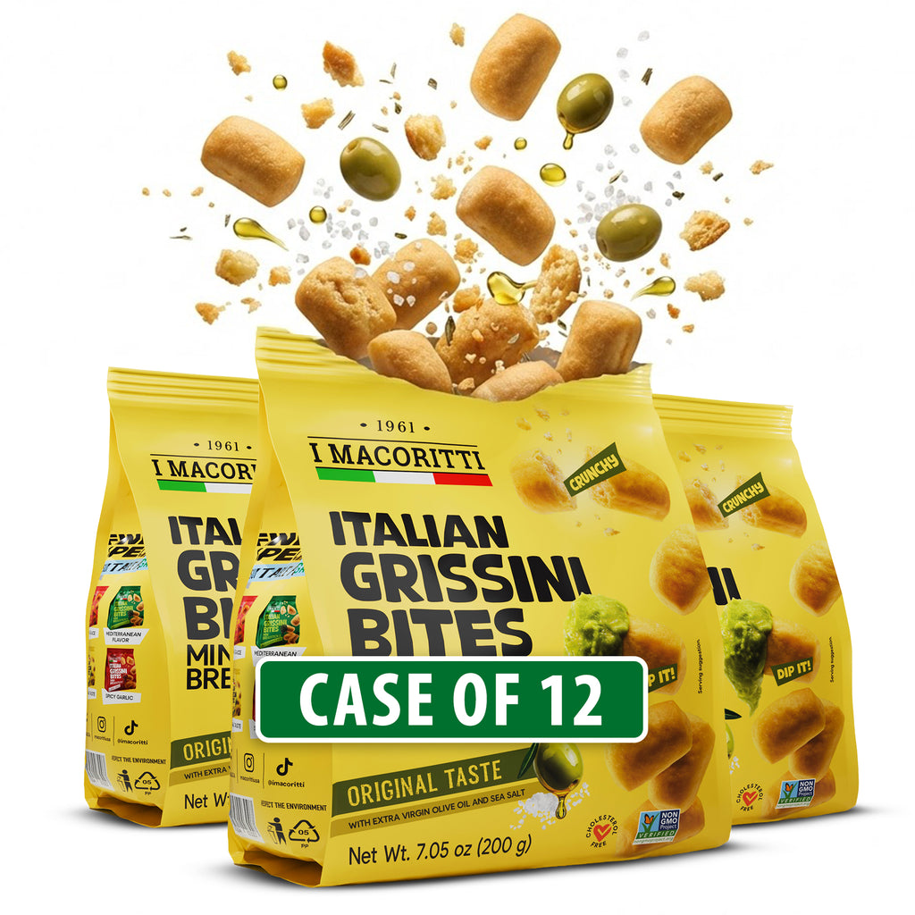 I Macoritti Italian Grissini Bites Mini Breadsticks Original Taste front pack 200g with extra virgin olive oil and sea salt