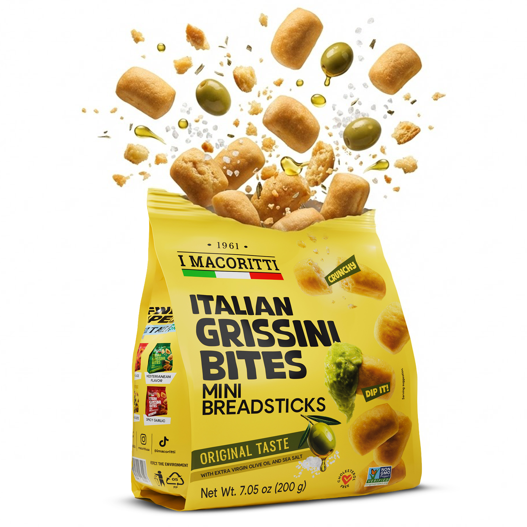 I Macoritti Italian Grissini Bites Mini Breadsticks Original Taste front pack 200g with extra virgin olive oil and sea salt