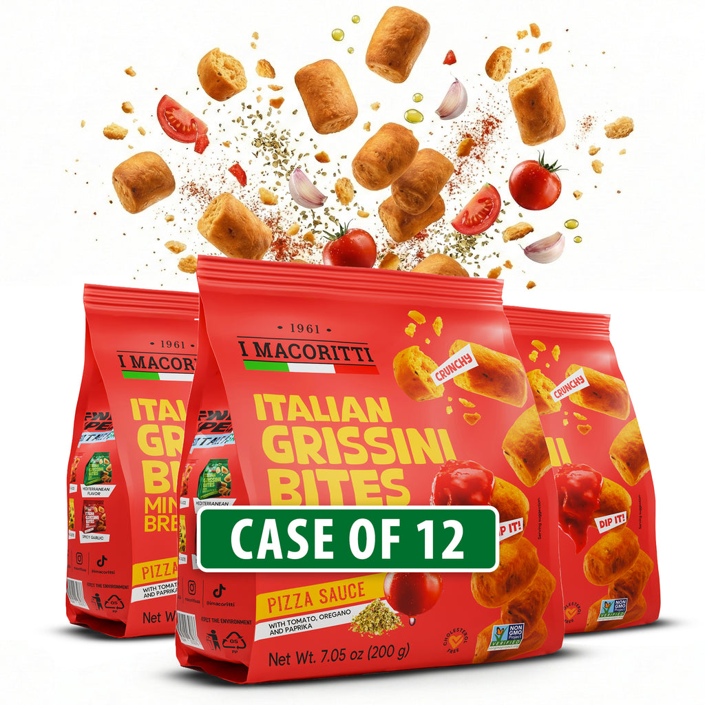 I Macoritti Italian Grissini Bites Mini Breadsticks Pizza Sauce front pack 200g with tomato, oregano and paprika