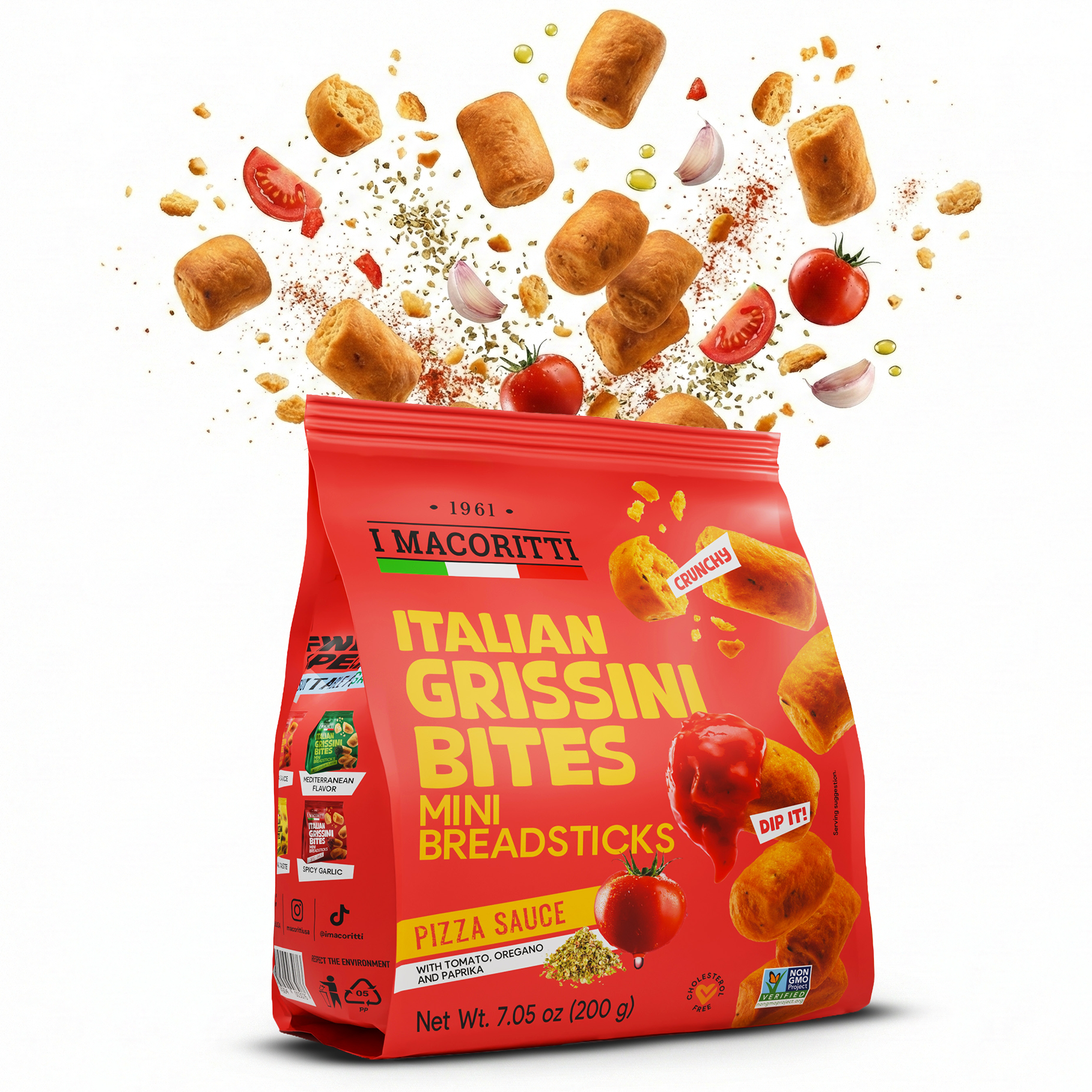 I Macoritti Italian Grissini Bites Mini Breadsticks Pizza Sauce front pack 200g with tomato, oregano and paprika