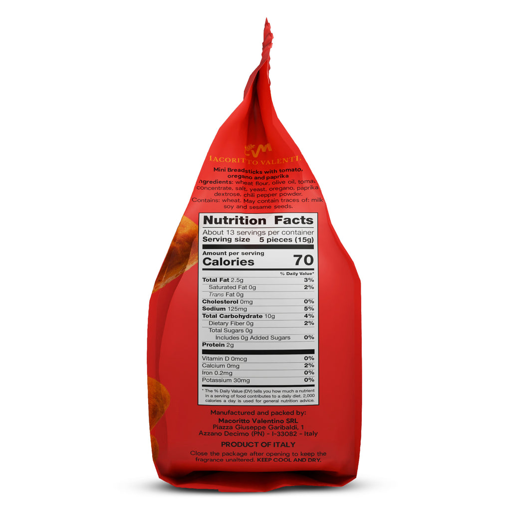 I Macoritti Italian Grissini Bites Pizza Sauce nutrition facts side panel
