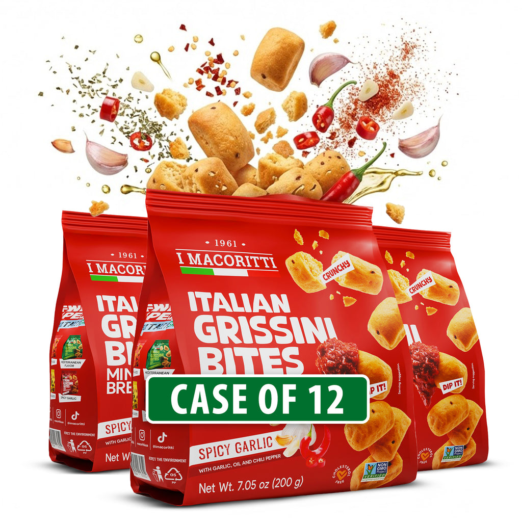 I Macoritti Italian Grissini Bites Mini Breadsticks Spicy Garlic front pack 200g with garlic, oil and chili pepper