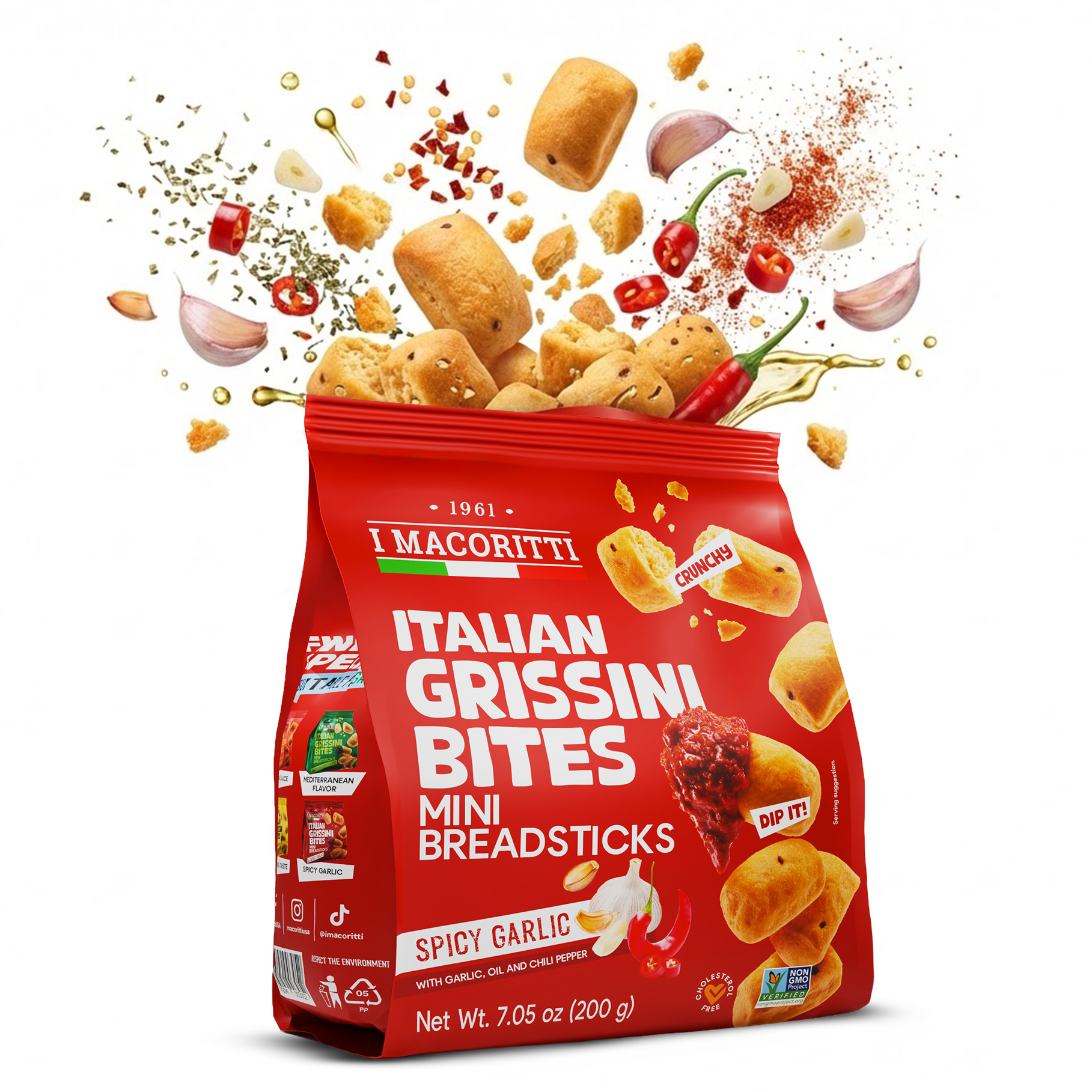 I Macoritti Italian Grissini Bites Mini Breadsticks Spicy Garlic front pack 200g with garlic, oil and chili pepper