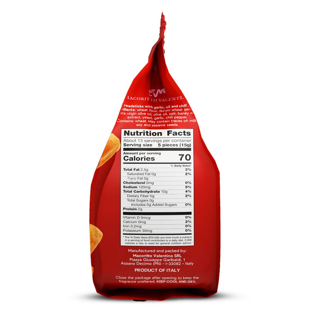 I Macoritti Italian Grissini Bites Spicy Garlic nutrition facts side panel