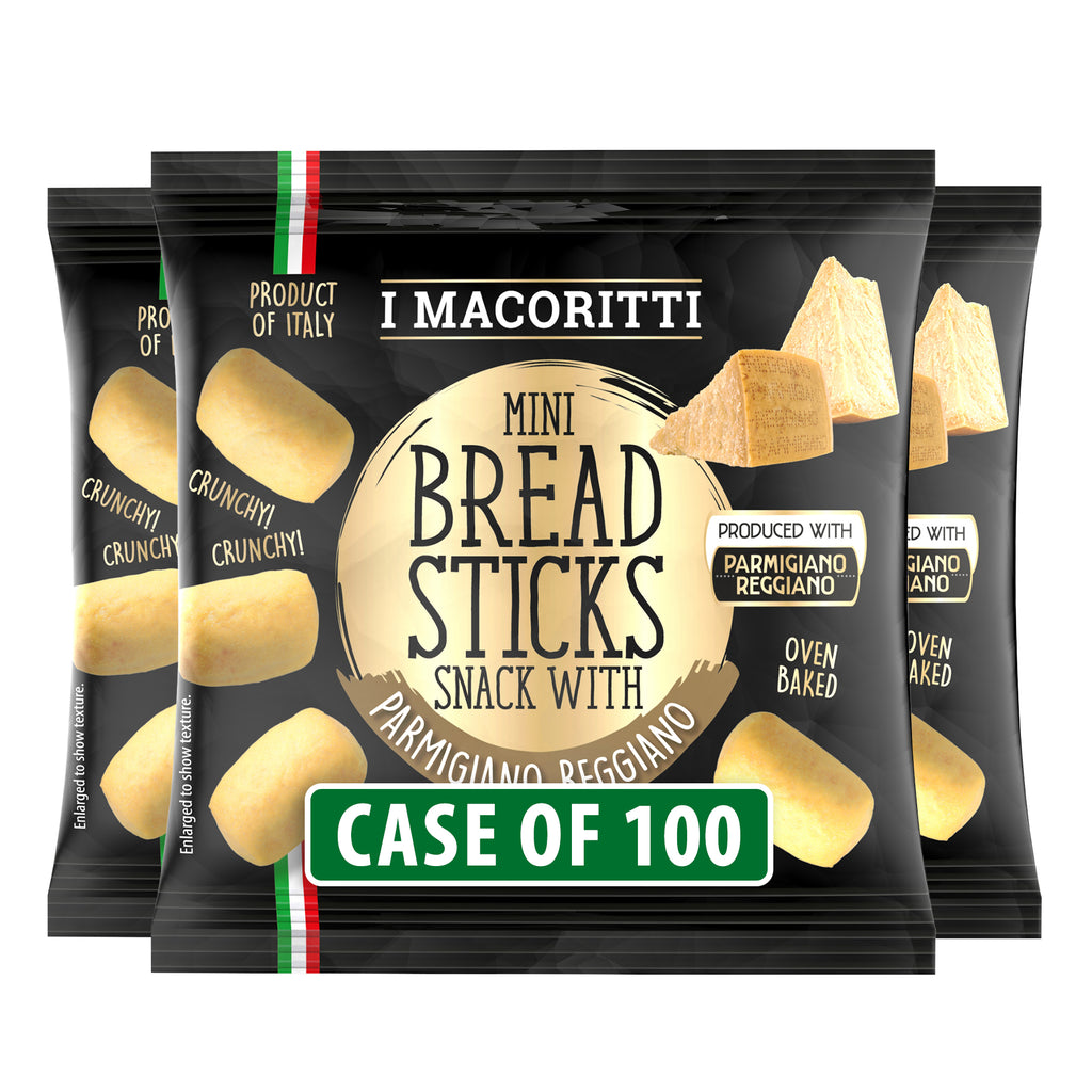 I Macoritti mini breadsticks snack with Parmigiano Reggiano cheese front pack 20g case of 100