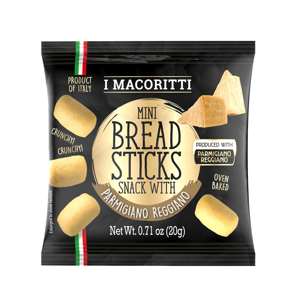 I Macoritti mini breadsticks snack with Parmigiano Reggiano cheese front pack 20g