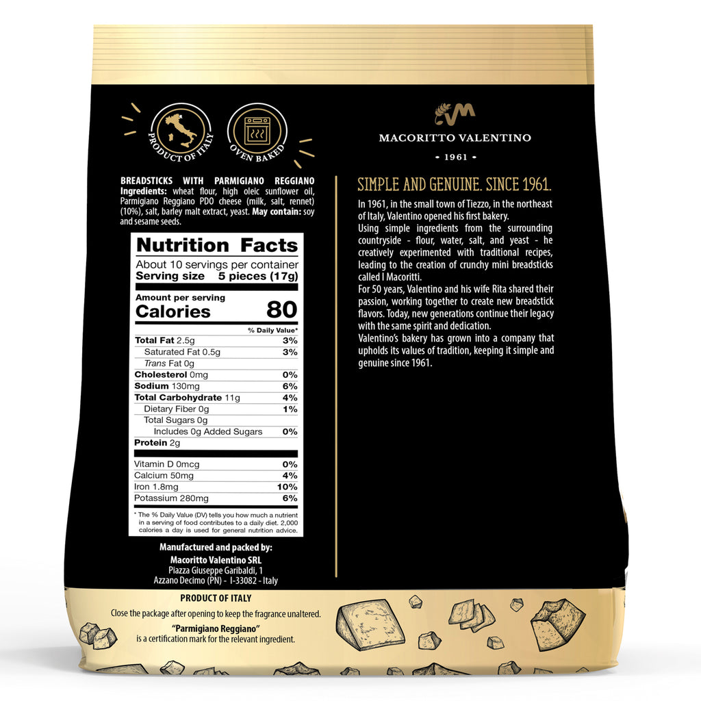 I Macoritti Mini Breadsticks with Parmigiano Reggiano back panel showing nutrition facts and brand story