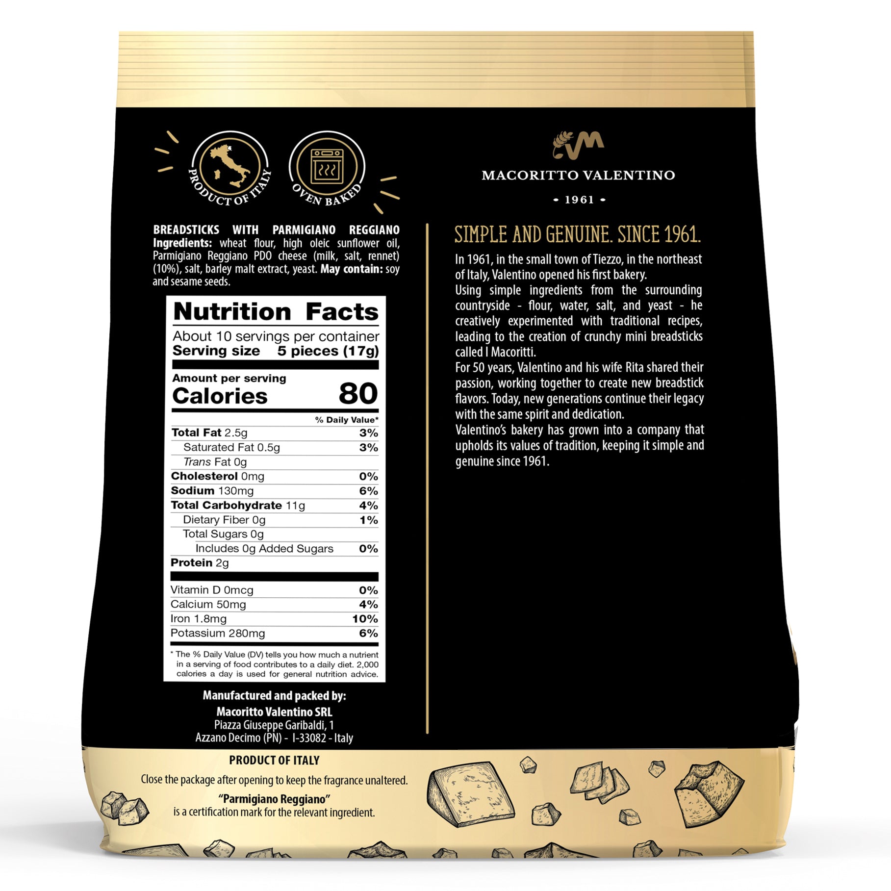 I Macoritti Mini Breadsticks with Parmigiano Reggiano back panel showing nutrition facts and brand story