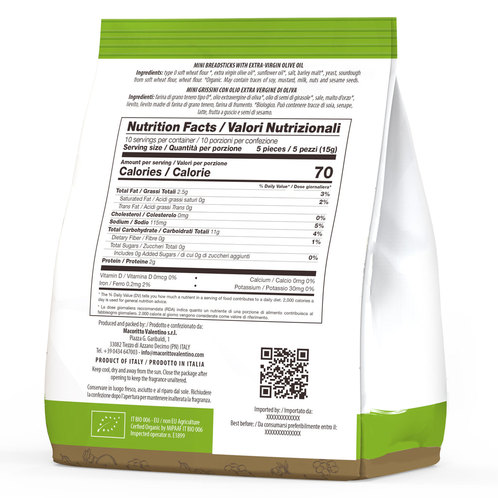 I Macoritti Organic Mini Breadsticks with Extra Virgin Olive Oil back panel showing nutrition facts and product information