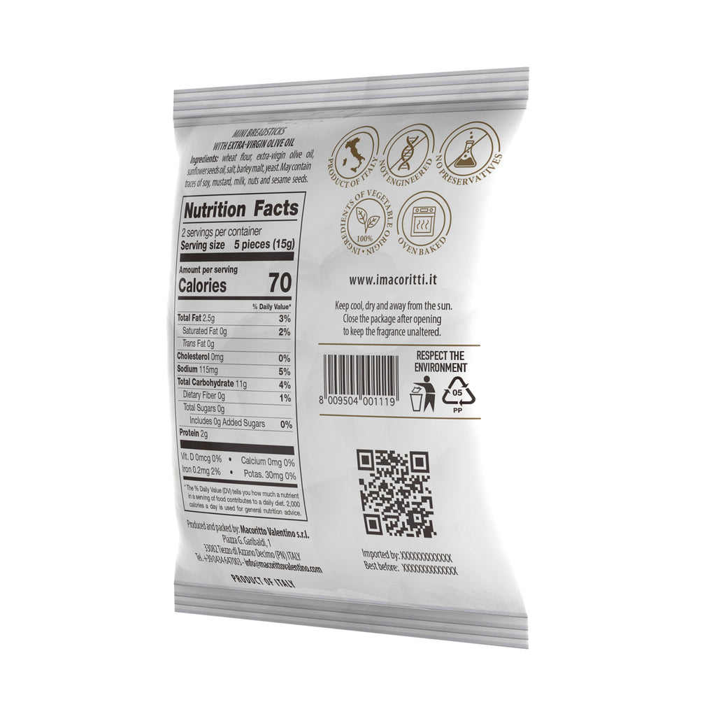 I Macoritti Snack Classici mini breadsticks back of pack showing nutrition facts panel, QR code, barcode, and storage information