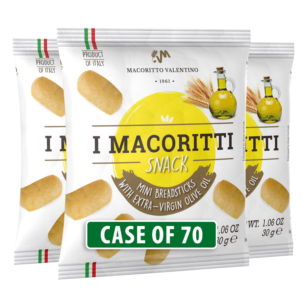 I Macoritti Snack mini breadsticks with extra virgin olive oil front pack 30g case of 70