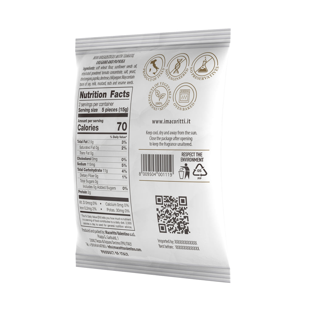 I Macoritti Snack mini breadsticks with tomato oregano and paprika back pack 30g