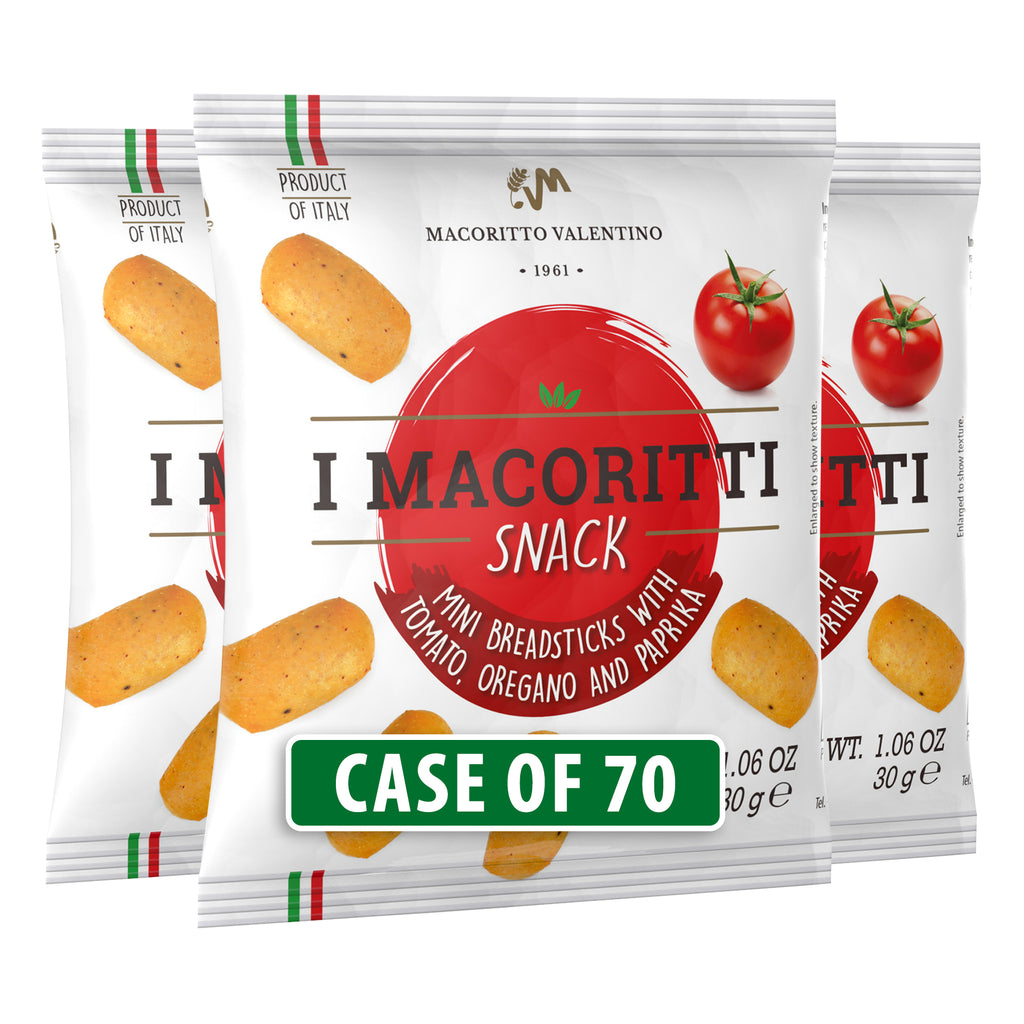 I Macoritti Snack mini breadsticks with tomato oregano and paprika front pack 30g case of 70