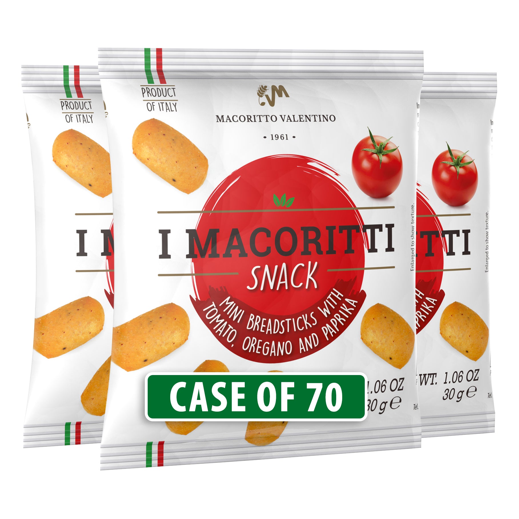 I Macoritti Snack mini breadsticks with tomato oregano and paprika front pack 30g case of 70