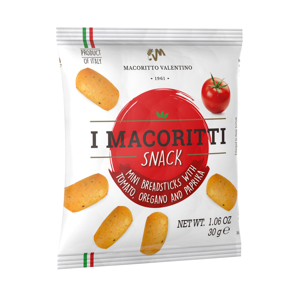 I Macoritti Snack mini breadsticks with tomato oregano and paprika front pack 30g