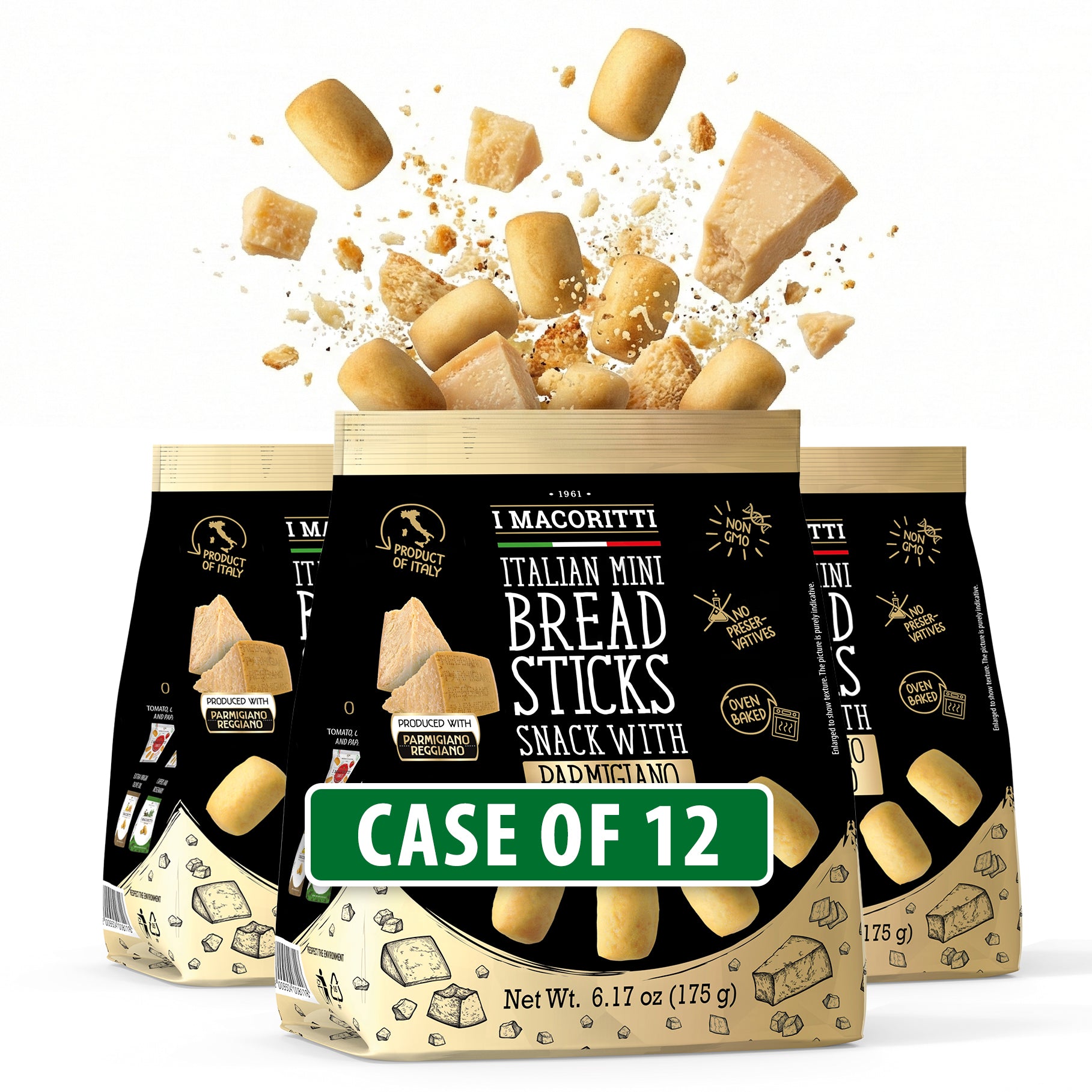 Italian mini breadsticks with Parmigiano Reggiano PDO cheese by I Macoritti, crispy authentic Italian snack