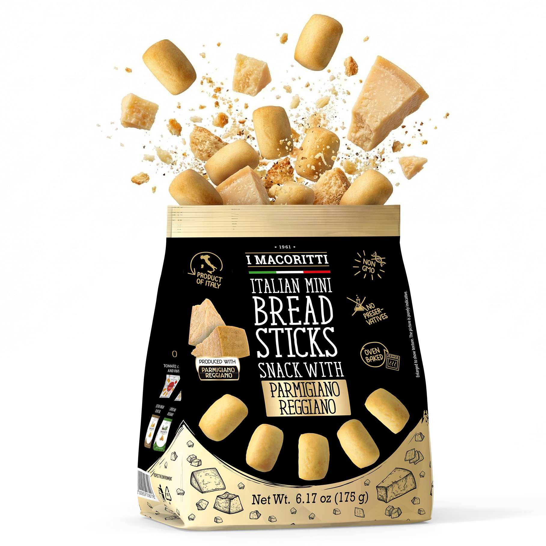 Italian mini breadsticks with Parmigiano Reggiano PDO cheese by I Macoritti, crispy authentic Italian snack
