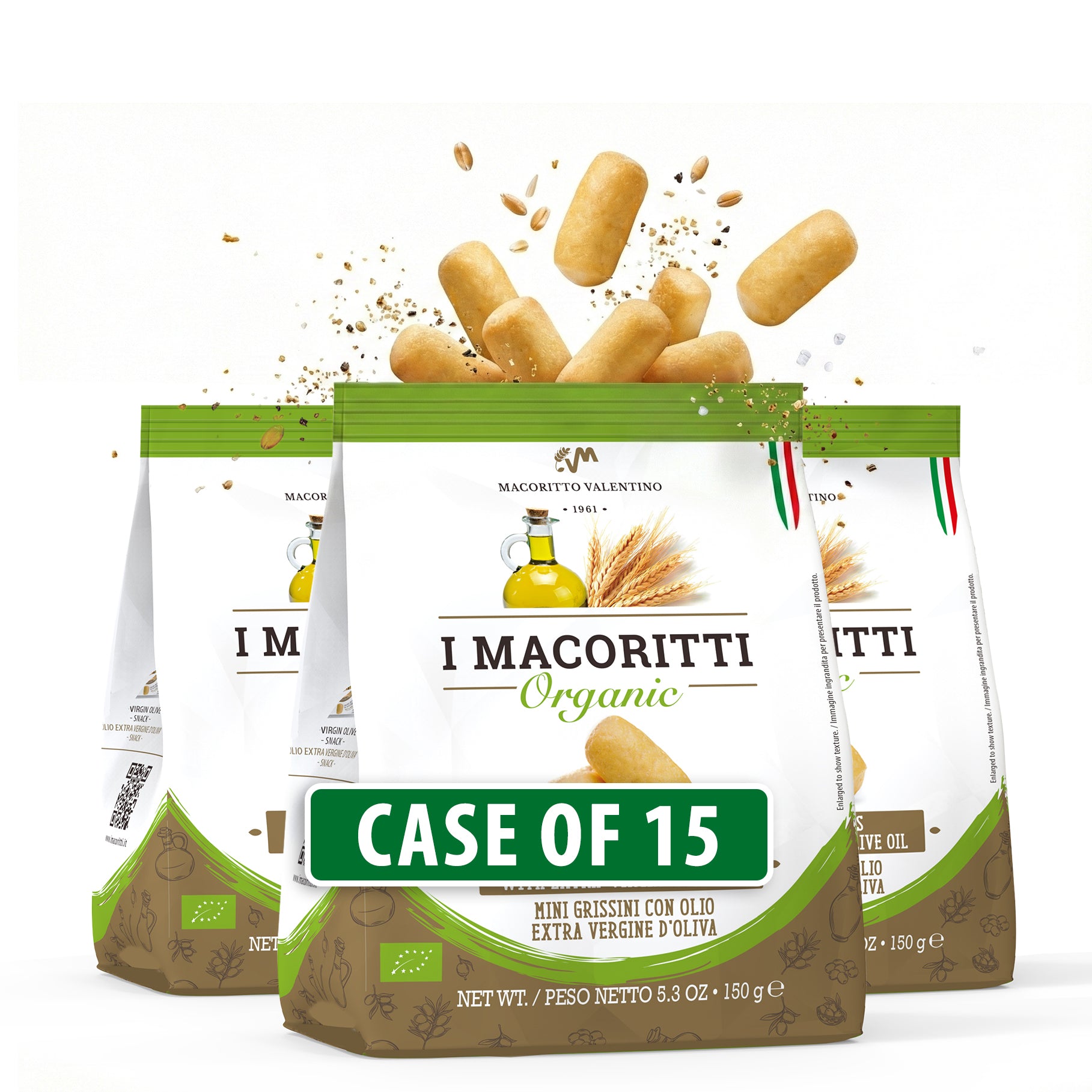 I Macoritti Organic Mini Breadsticks with Extra Virgin Olive Oil, 150g front package design