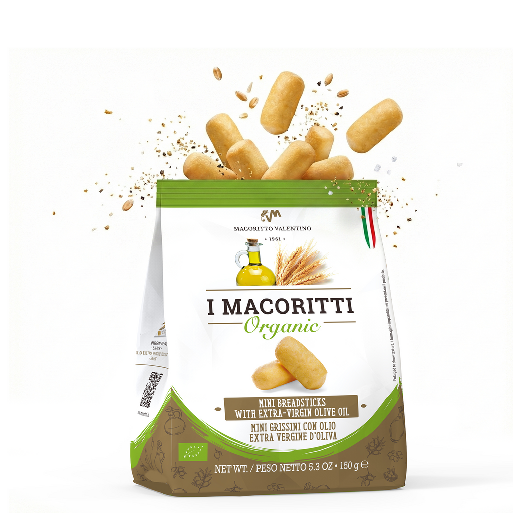 I Macoritti Organic Mini Breadsticks with Extra Virgin Olive Oil, 150g front package design